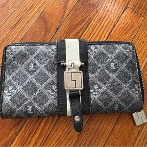 L.A.M.B. Black, Gray & White Monogram Wallet with Center Stripe